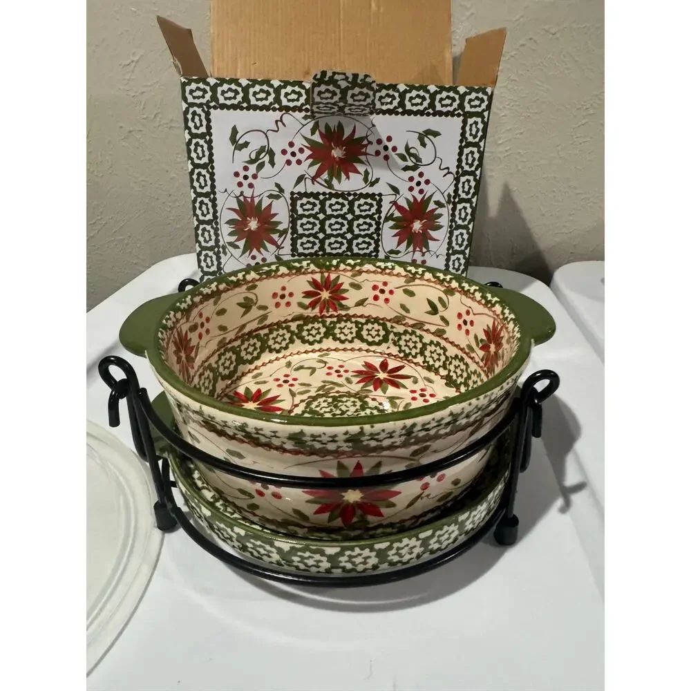 Temptations Old World Poinsettia 1 Qt Round Bowl Set